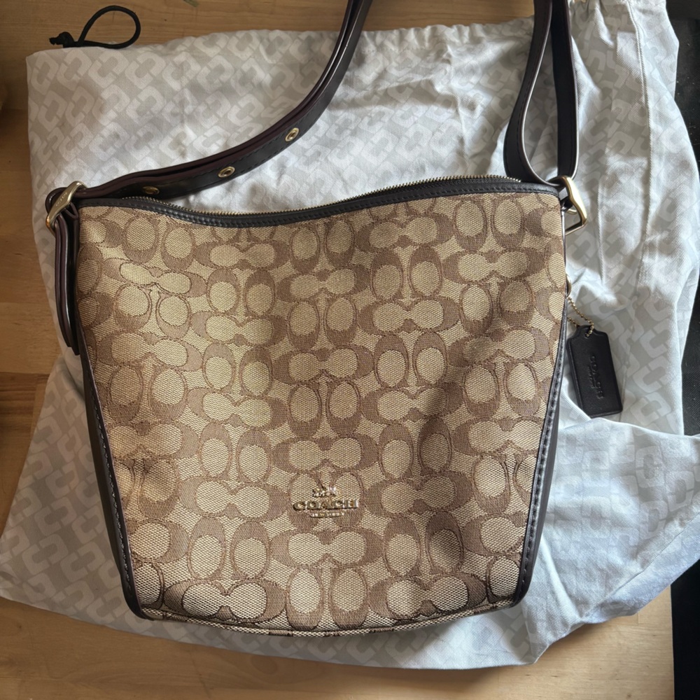 Coach Signature Canvas Shoulder Bag in Khaki Brown with Dark Brown Trim